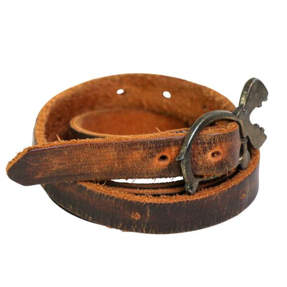 VTG BROWN REAL LEATHER 1/2"Wd HIPPO BUCKLE SKINNY DRESS WOMEN'S BELT Sz M (t73 - Picture 6 of 13